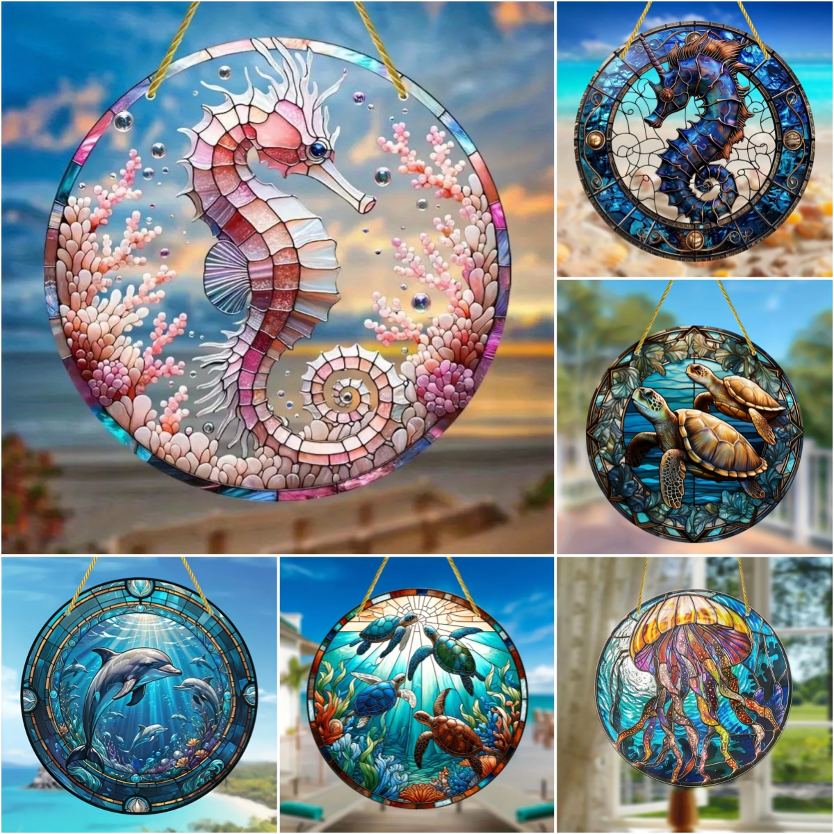 Embroidery Water - Underwater World SunCatcher Sign,Sea Turtle Seahorse
