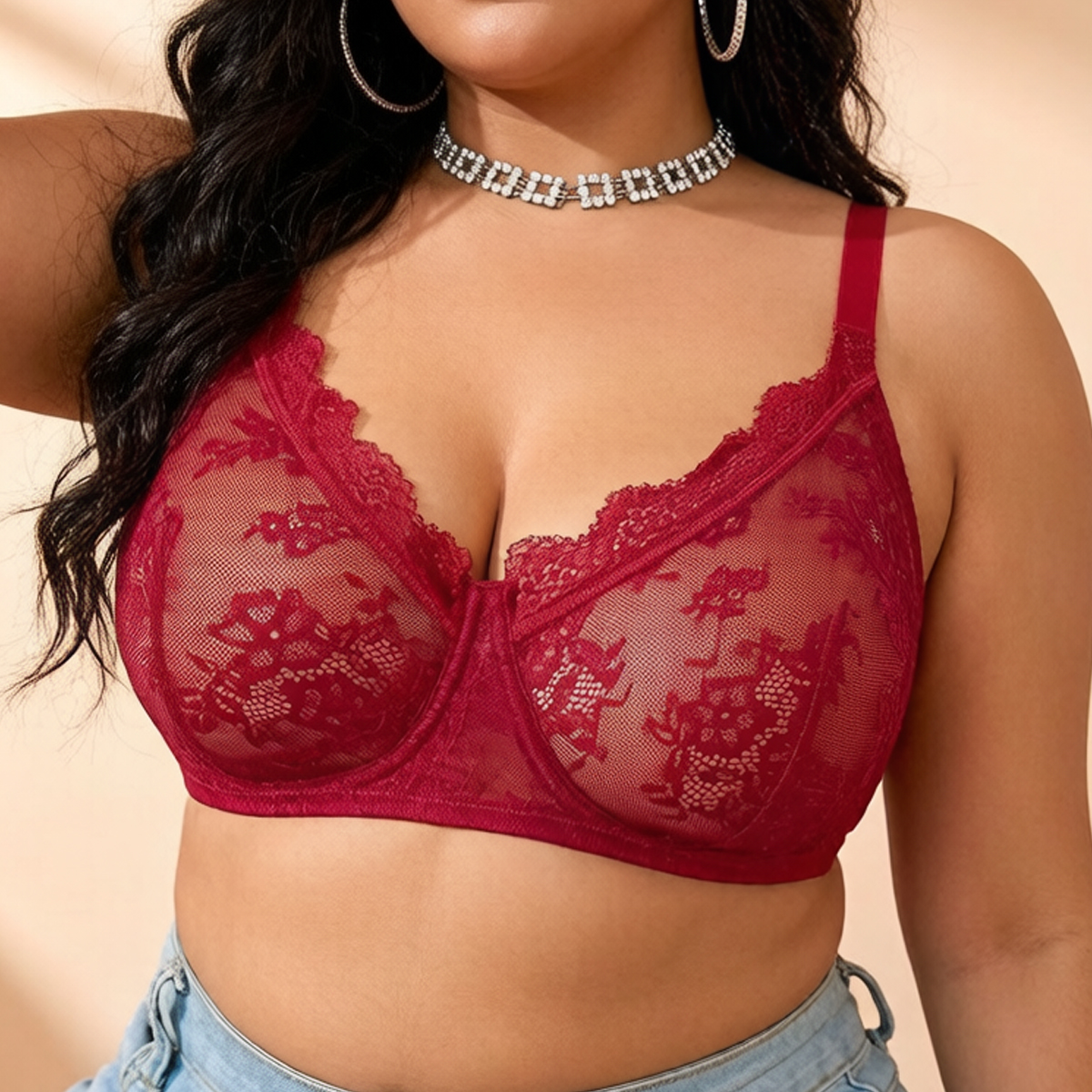 Embroidery Red - Women Plus Size Red Lace Sheer