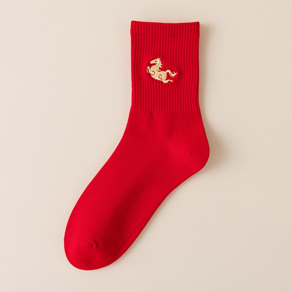 Embroidery Moisturizer - Breathable Red Middle Socks Comfortable Soft