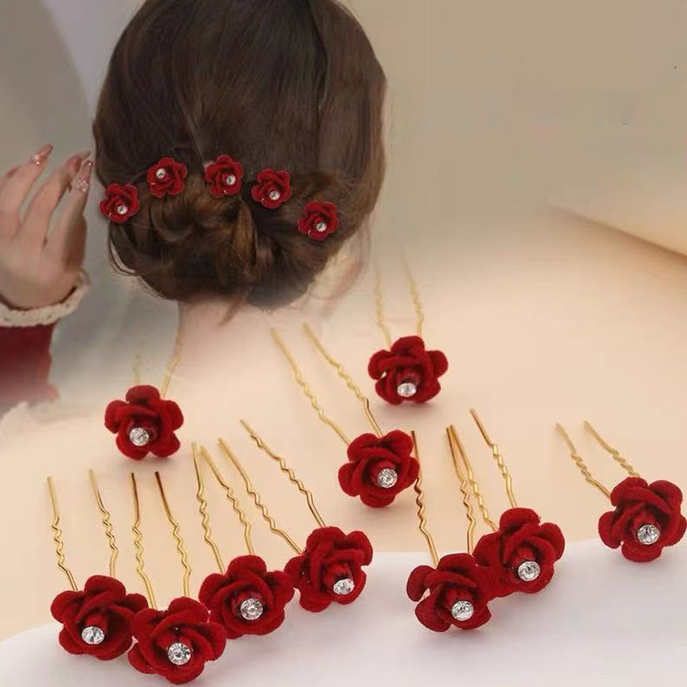 Embroidery Red - 10Pcs Rose Hair Accessories Wedding Bride