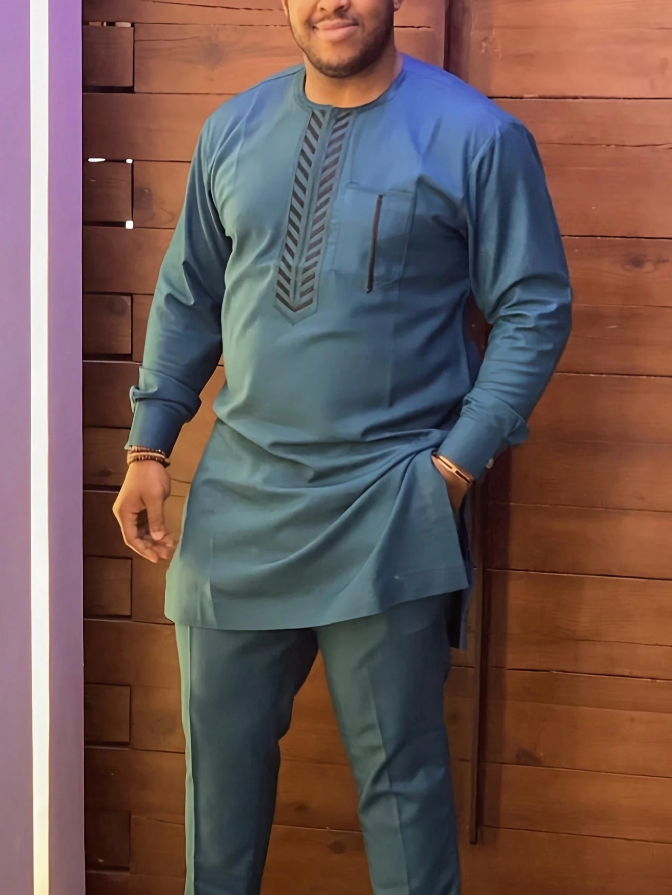 Embroidery Men Shirt - 2pcs Set Plus Size Blue Dashiki