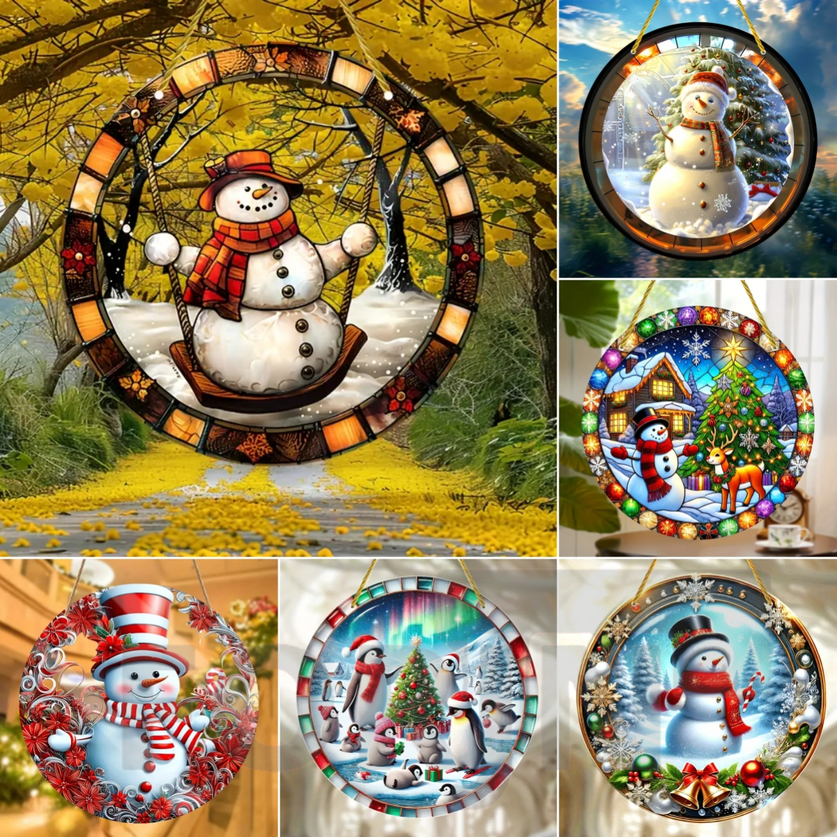 Embroidery Water - Christmas Snowman Acrylic Round Sign,Translucent Hanging