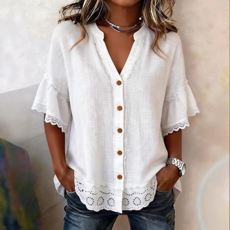 Embroidery Men Shirt - Women Vintage V Neck Lace Ruffle