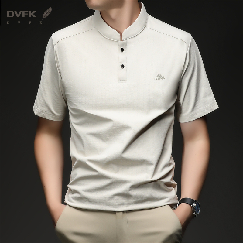 Embroidery Men Shirt - Mens Short Sleeve Mandarin Collar Sport