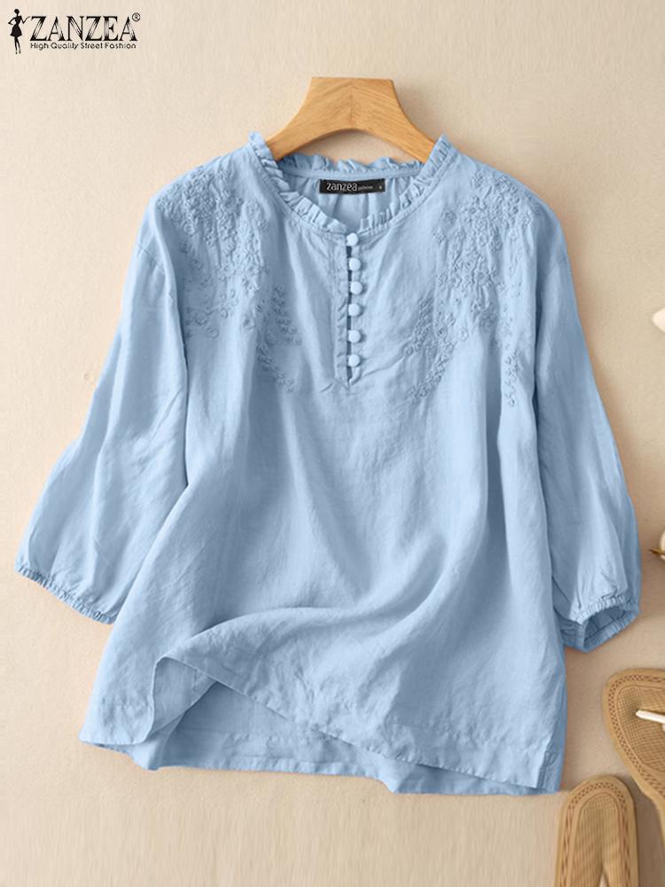 ZANZEA Summer Vintage Shirts E - Embroidery Artwork ulasan dan harga