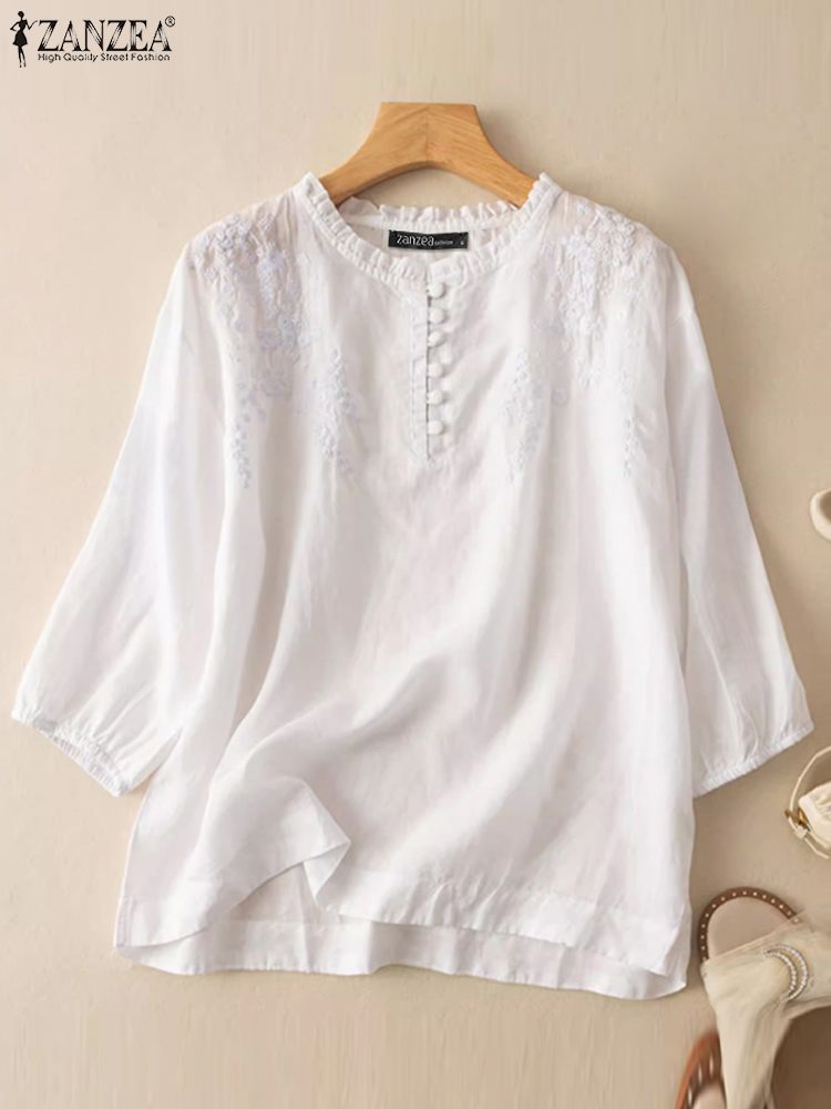 ZANZEA Summer Vintage Shirts E - Embroidery Artwork ulasan dan harga