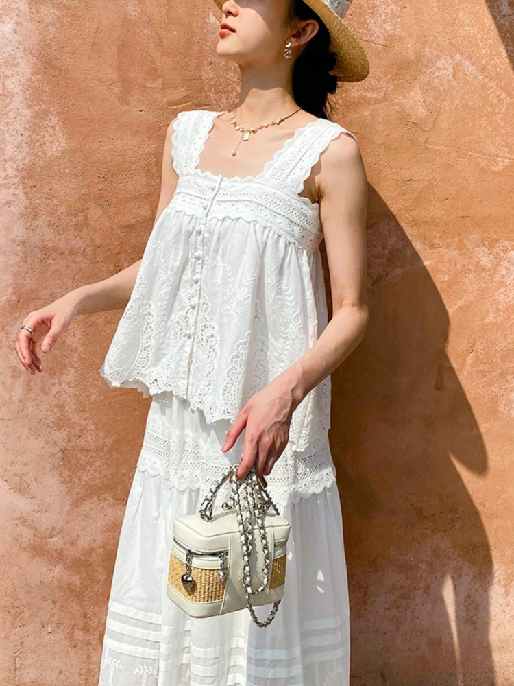 Bohemian White Square-neck Ves - Embroidery Class ulasan dan harga