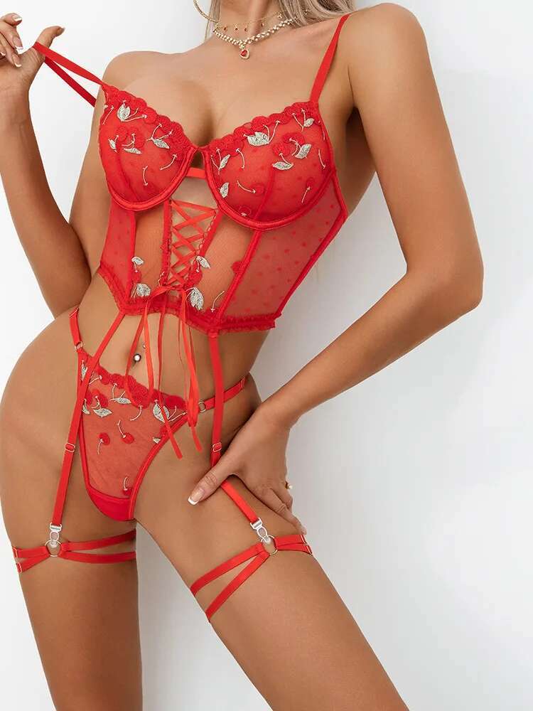 Sexy Solid Color Flower Embroi - Embroidery Red ulasan dan harga