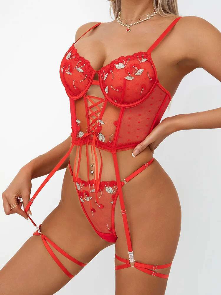 Sexy Solid Color Flower Embroi - Embroidery Red ulasan dan harga