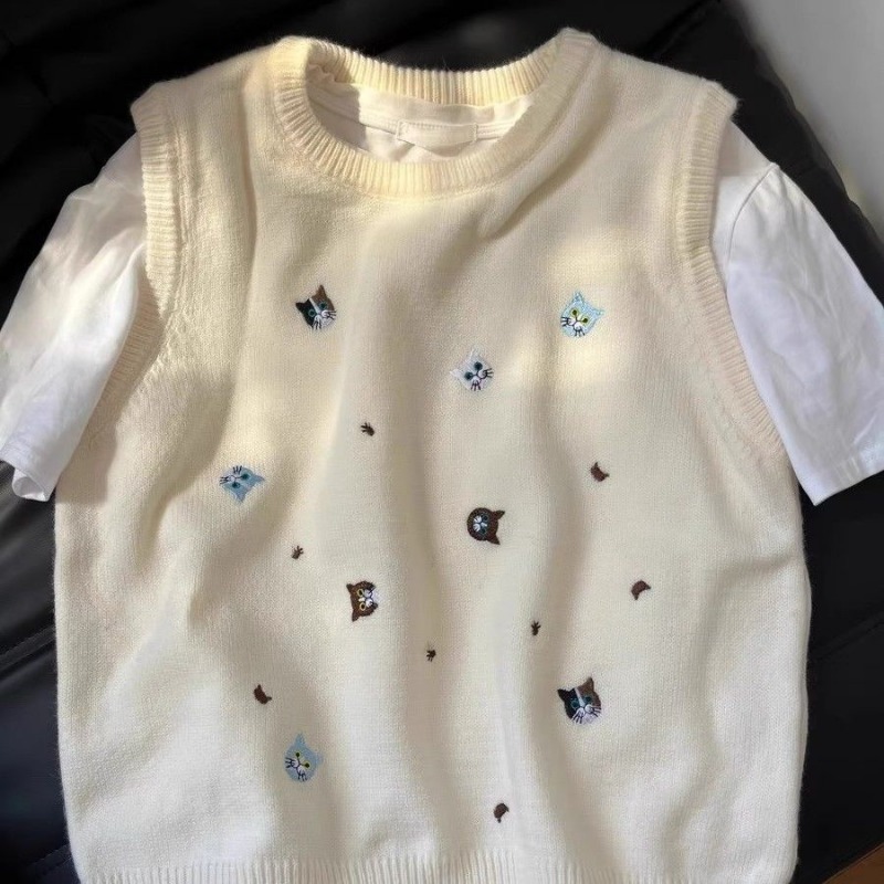 Embroidery Sweater Vests Women - Embroidery Cat ulasan dan harga