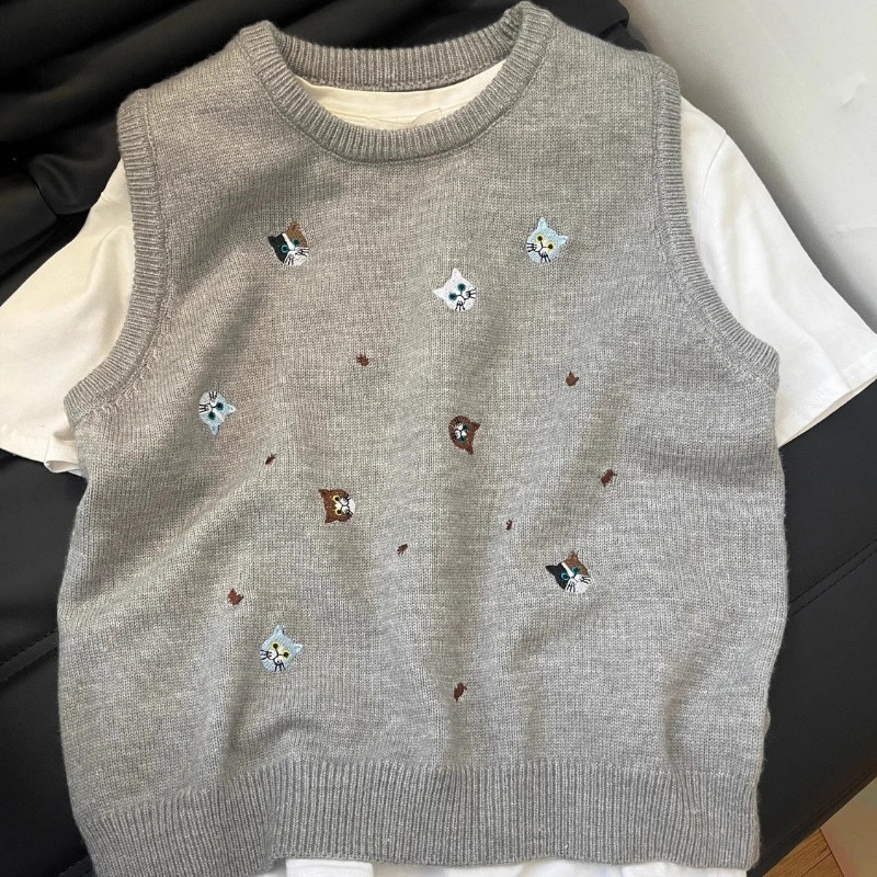 Embroidery Sweater Vests Women - Embroidery Cat ulasan dan harga
