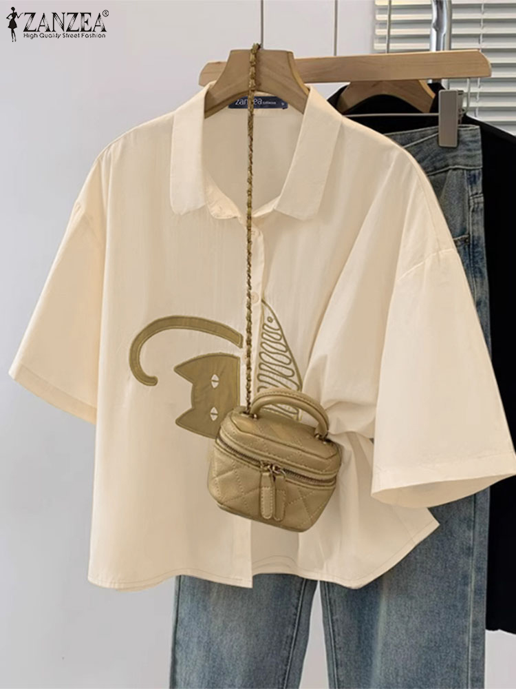 ZANZEA Women's Casual Collared - Embroidery Cat ulasan dan harga